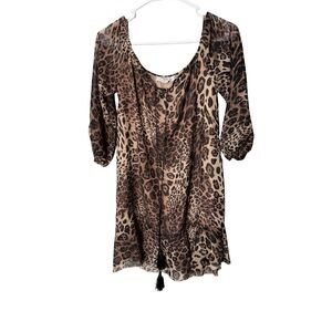 BY EGREIS Leopard Print Mesh Mini Dress Brown Tan Size M Boho Tassel